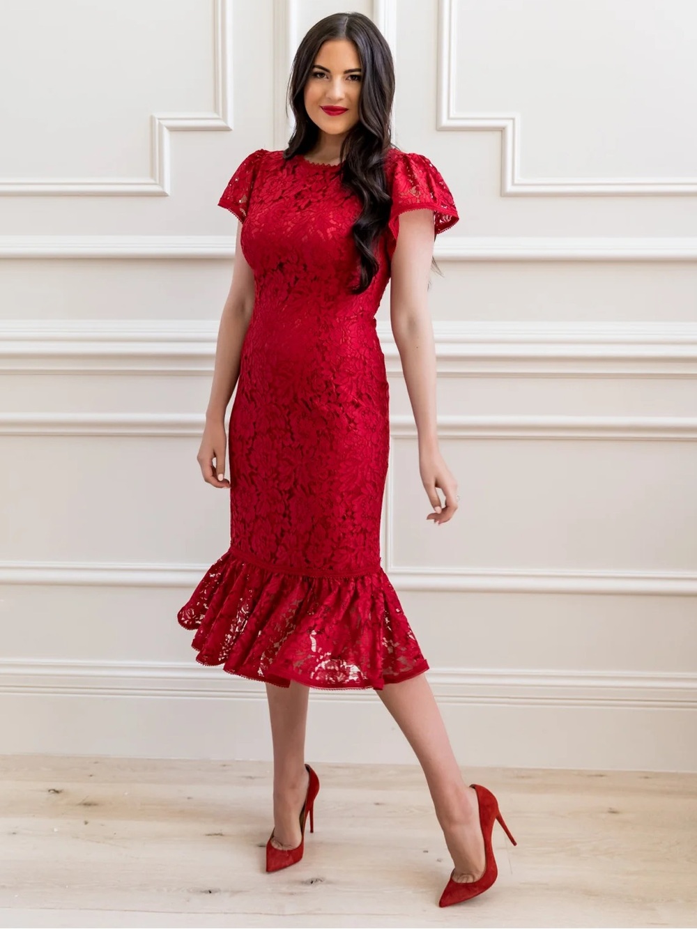 Rachel Parcell Red Lace Midi Dress with Ruffle Hem